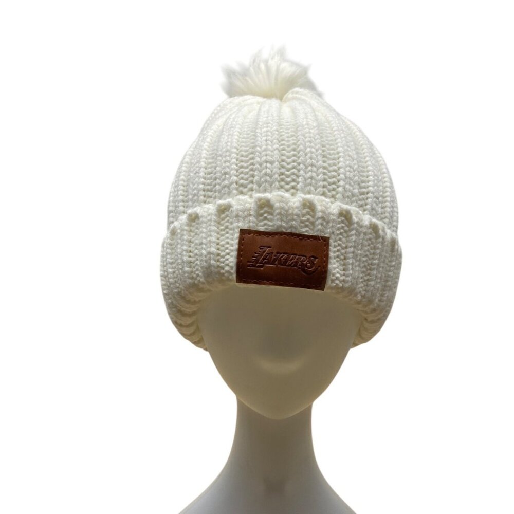 Lakers White Knit Beanie With Faux Fur Pom-Pom & Leather Patch one size